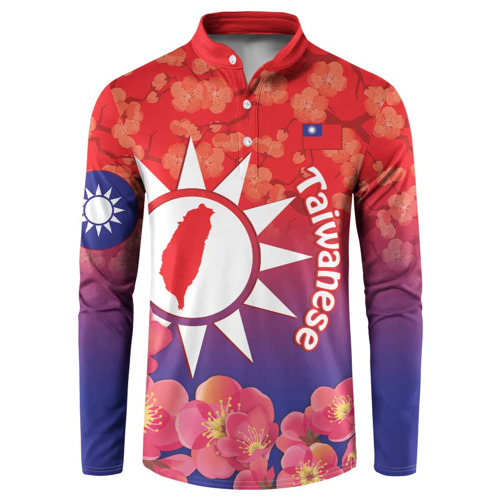 Red and purple button sweatshirt with Taiwan sun, floral print, front placket