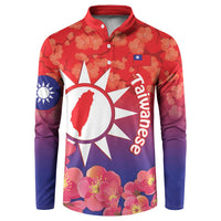 Red and purple button sweatshirt with Taiwan sun, floral print, front placket