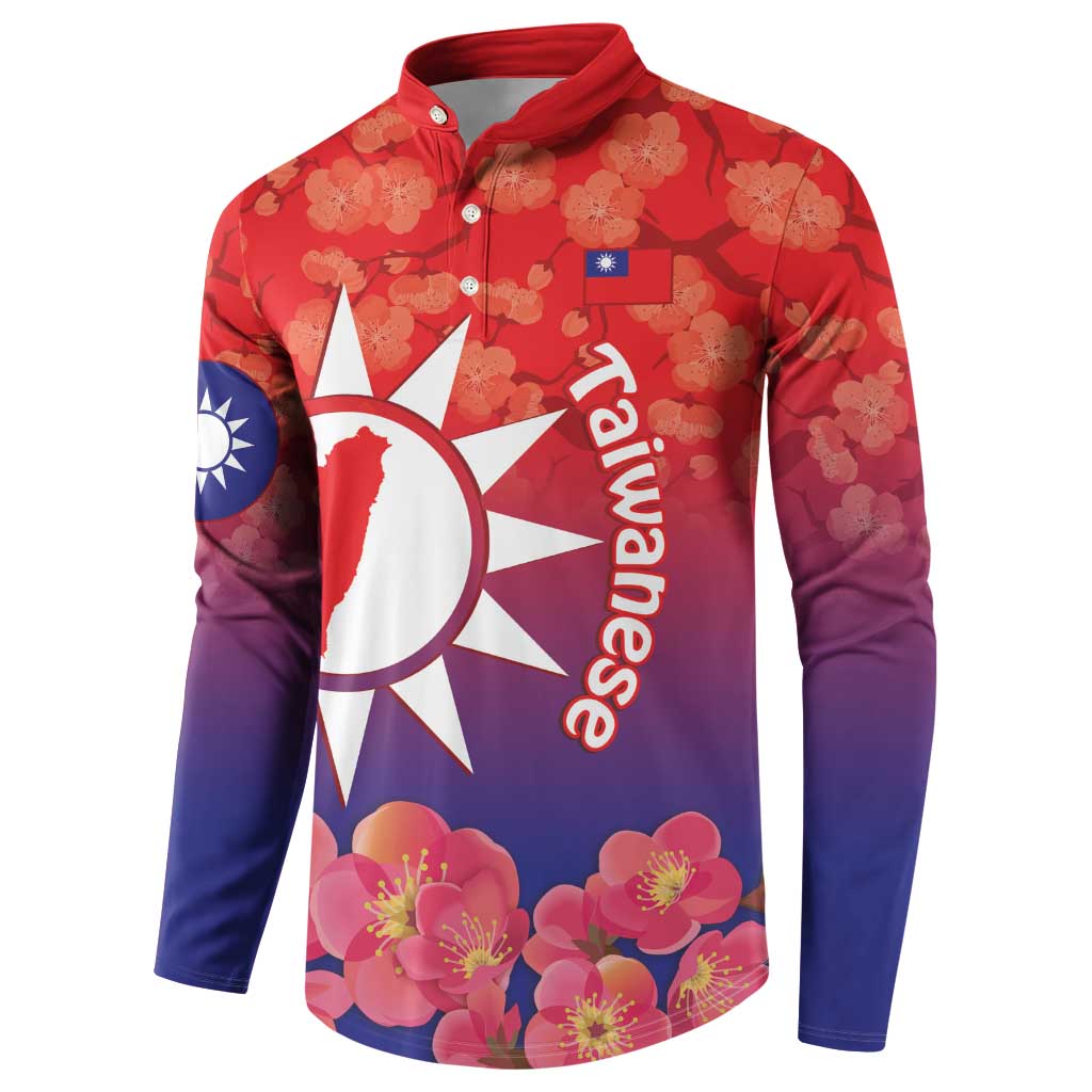 Red and purple button sweatshirt with Taiwan sun and floral print, front view