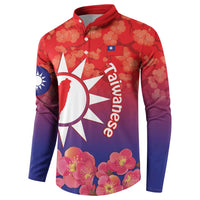 Red and purple button sweatshirt with Taiwan sun and floral print, front view