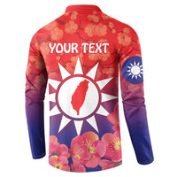 Red and purple button sweatshirt with 'YOUR TEXT' on back, Taiwan sun and flowers