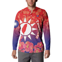 Red and purple button sweatshirt with Taiwan sun graphic and side flag patch