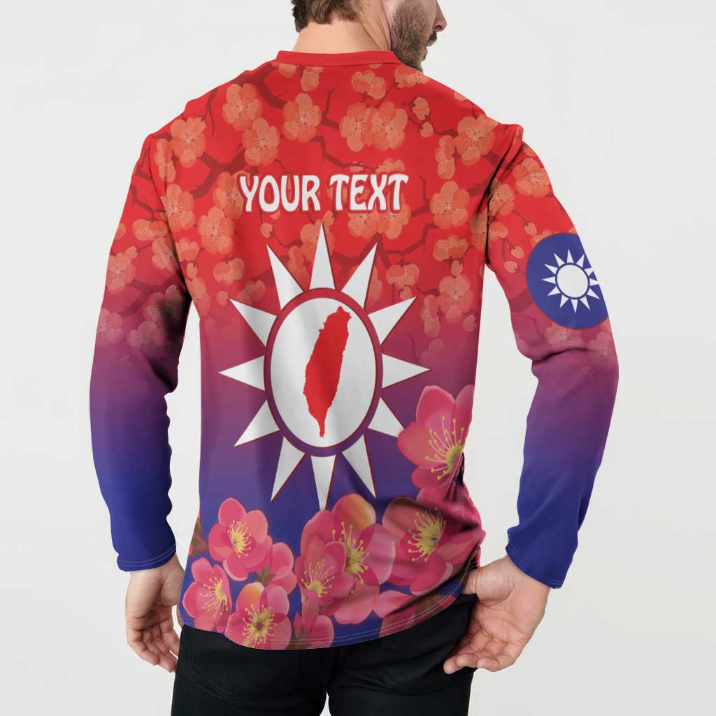 Red and purple button sweatshirt with 'YOUR TEXT' on back and Taiwan sun graphic