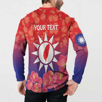 Red and purple button sweatshirt with 'YOUR TEXT' on back and Taiwan sun graphic