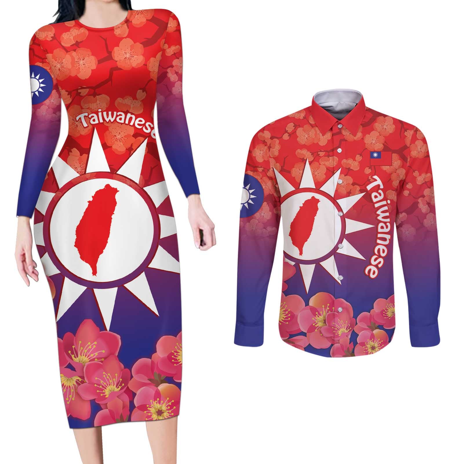 Personalised Taiwan Couples Matching Long Sleeve Bodycon Dress and Long Sleeve Button Shirt Taiwanese Map Mix Prunus Mume Blossoms - Wonder Print Shop