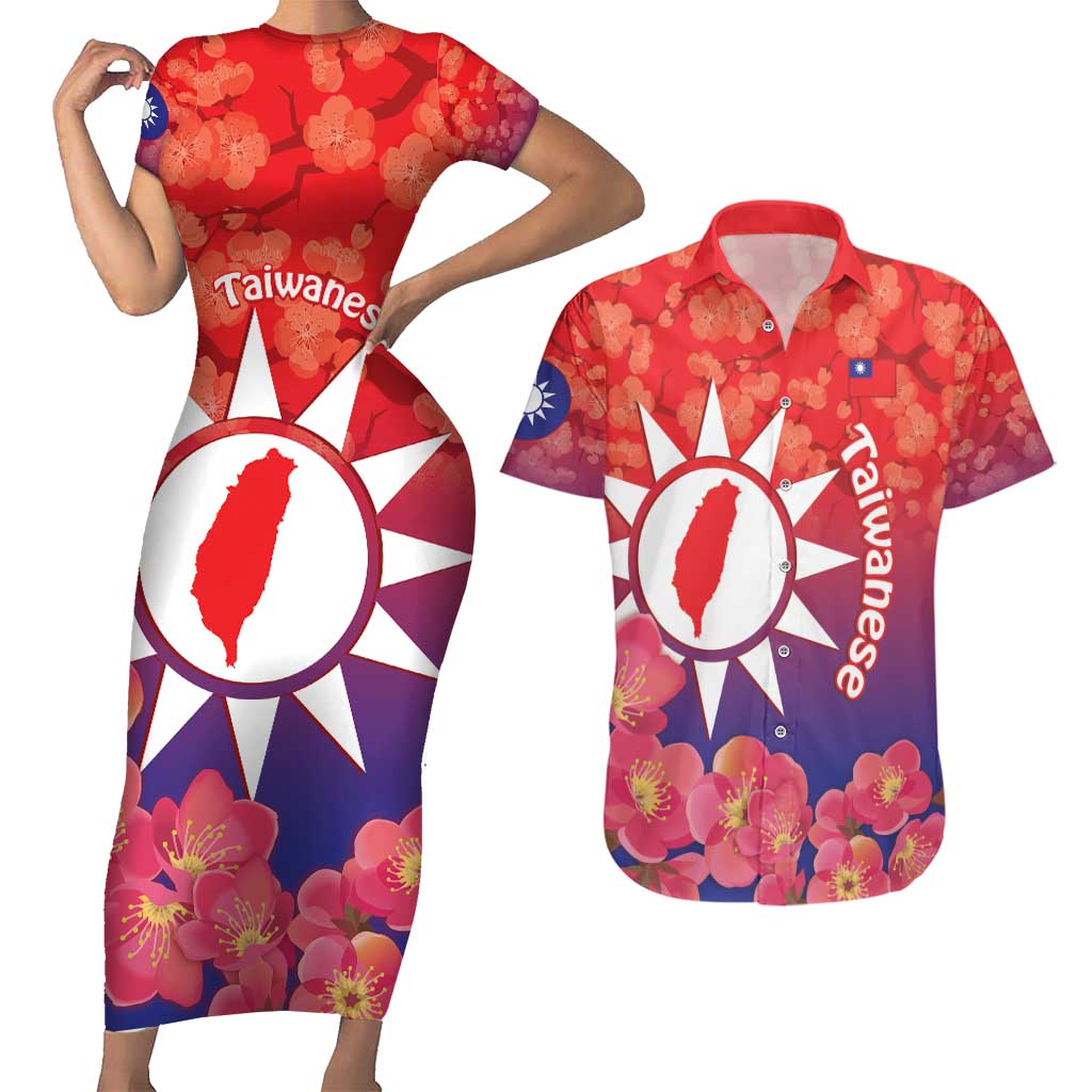 Personalised Taiwan Couples Matching Short Sleeve Bodycon Dress and Hawaiian Shirt Taiwanese Map Mix Prunus Mume Blossoms - Wonder Print Shop