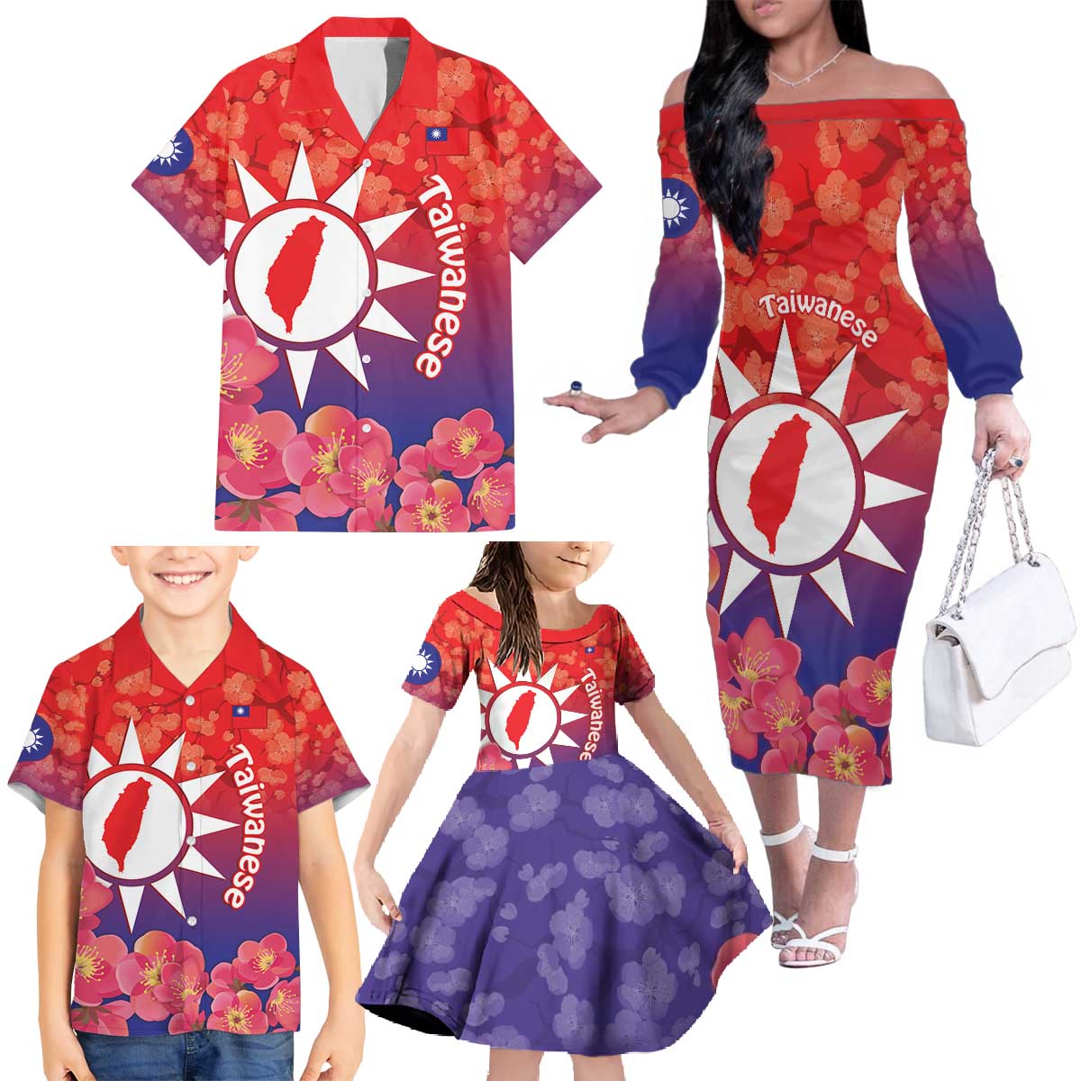 Personalised Taiwan Family Matching Off The Shoulder Long Sleeve Dress and Hawaiian Shirt Taiwanese Map Mix Prunus Mume Blossoms - Wonder Print Shop