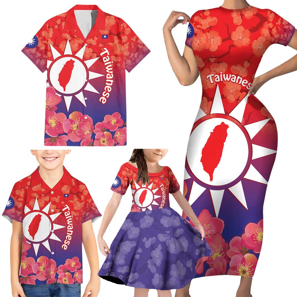 Personalised Taiwan Family Matching Short Sleeve Bodycon Dress and Hawaiian Shirt Taiwanese Map Mix Prunus Mume Blossoms - Wonder Print Shop