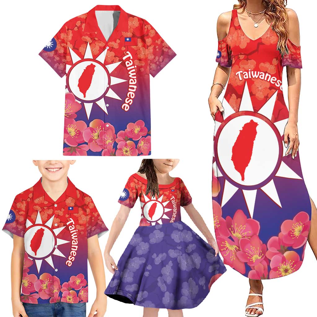 Personalised Taiwan Family Matching Summer Maxi Dress and Hawaiian Shirt Taiwanese Map Mix Prunus Mume Blossoms - Wonder Print Shop