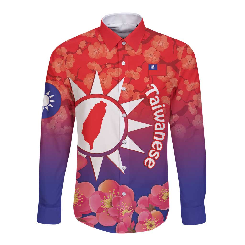 Unisex long-sleeve button shirt, red floral print with Taiwan sun emblem and bird graphic