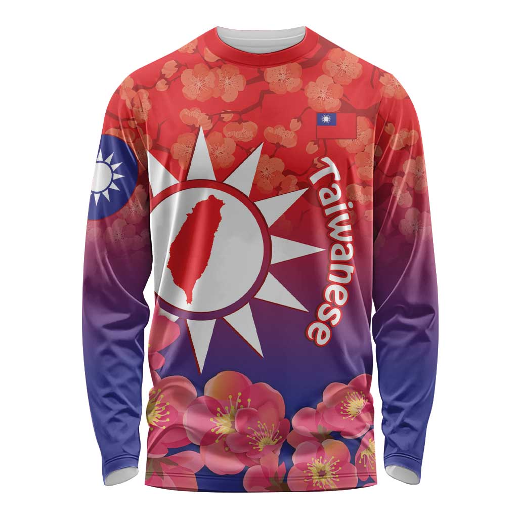 Personalised Taiwan Long Sleeve Shirt Taiwanese Map Mix Prunus Mume Blossoms - Wonder Print Shop