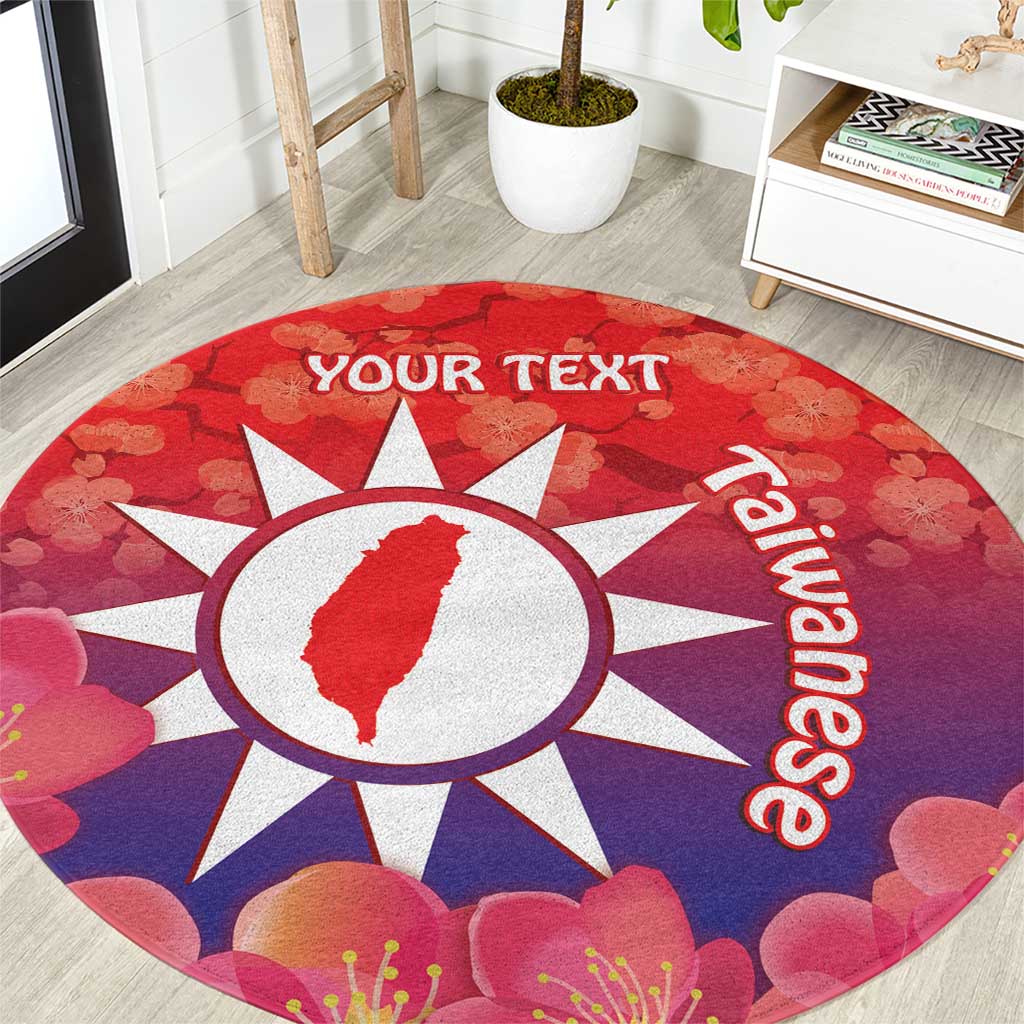 Red round area rug with white sunburst, island emblem, floral background, customizable text
