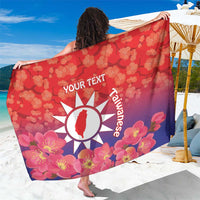 Red personalized beach sarong with pink blossoms, white Taiwan emblem, and your text