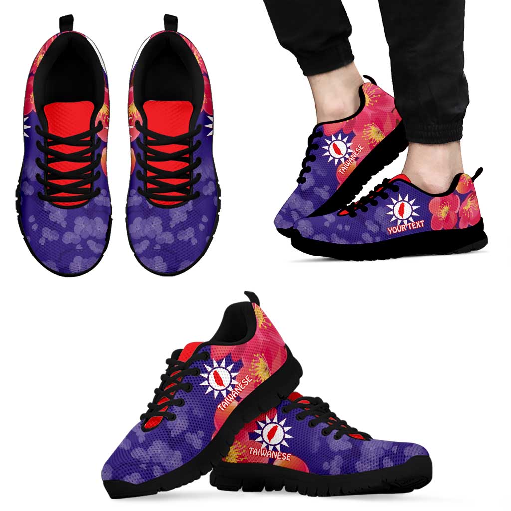 Purple and red lace-up sneakers with black sole, side and front views shown together