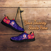 Purple and red lace-up sneakers with black sole, 'Your Journey Starts Here' text detail
