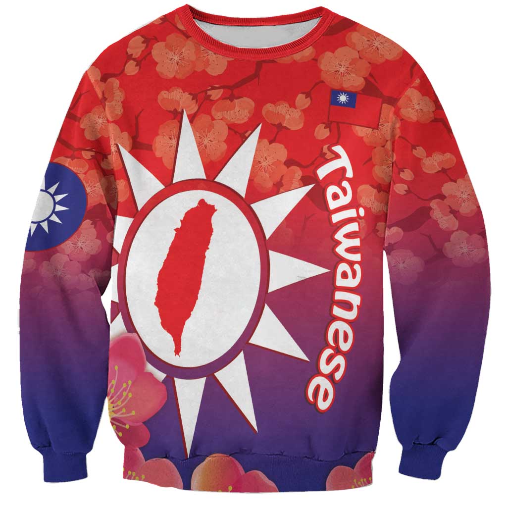 Red and purple sweatshirt with white sun-and-bird graphic, floral blossom print
