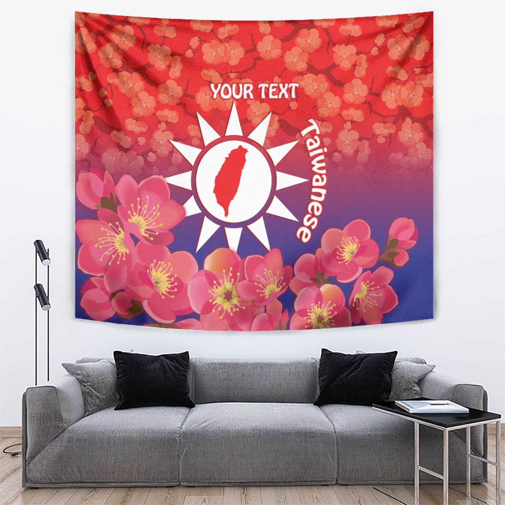 Red floral wall tapestry with sun emblem, “YOUR TEXT”, and vertical “Taiwanese” text
