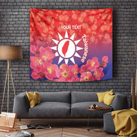 Red floral tapestry wall hanging with sun emblem and “YOUR TEXT” text