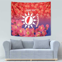 Red floral tapestry with pink blossoms, sun emblem, and “YOUR TEXT” in center