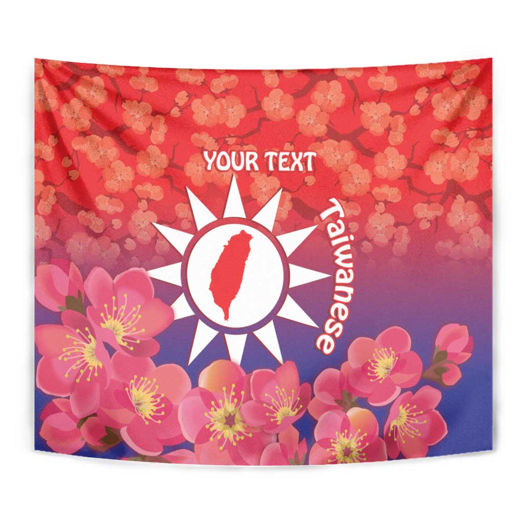 Red floral tapestry with sun emblem, “YOUR TEXT”, and vertical “Taiwanese” lettering