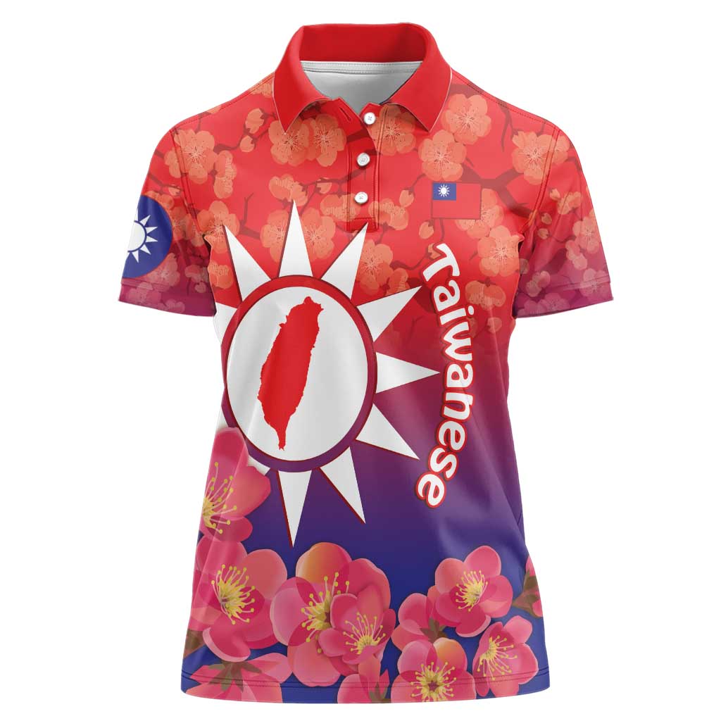 Personalised Taiwan Women Polo Shirt Taiwanese Map Mix Prunus Mume Blossoms - Wonder Print Shop