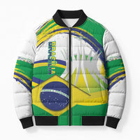 Green, yellow and blue Brazil-flag puffer bomber jacket with full-zip front and ribbed trim
