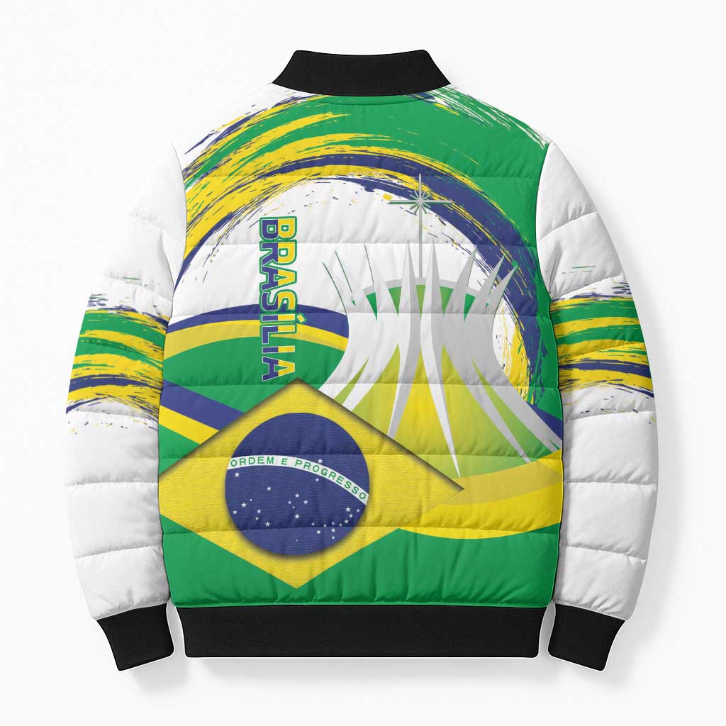 Back view Brazil-flag puffer bomber jacket in green, yellow, blue with ribbed black collar