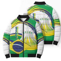 Pair of Brazil-flag puffer bomber jackets with white sleeves, full-zip and black ribbed cuffs