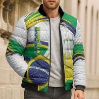 Men’s Brazil-flag puffer bomber jacket, green/yellow/blue graphic, white sleeves, full-zip
