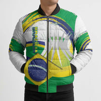 Brazil-flag puffer bomber jacket with green and yellow panels, blue globe graphic, full-zip