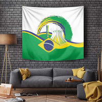 Brazil flag tapestry featuring cathedral and green, yellow, and blue design
