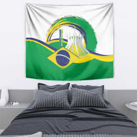 Brazil flag wall tapestry with cathedral graphic, green field and yellow blue waves