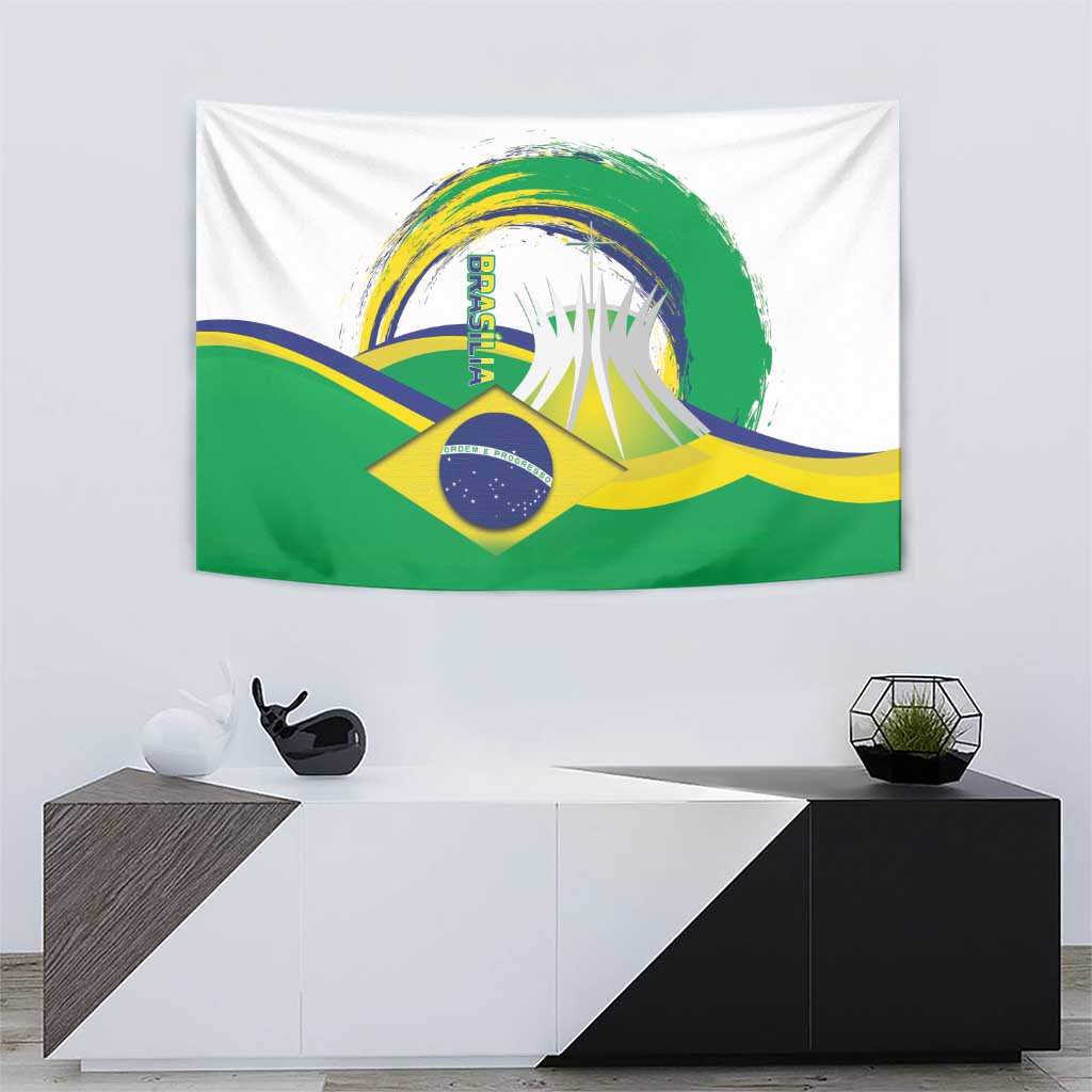Brazil flag tapestry with cathedral artwork, brushstroke green and yellow blue colors