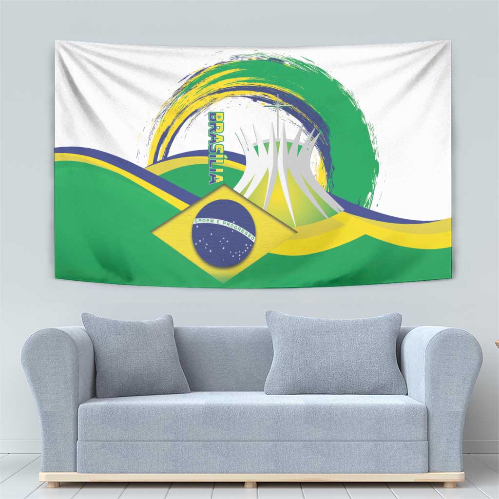 Brazil flag tapestry with cathedral scene, green background, yellow diamond and blue circle