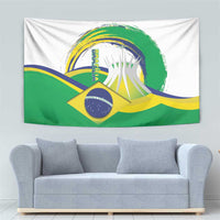 Brazil flag tapestry with cathedral scene, green background, yellow diamond and blue circle