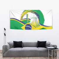 Brazil flag tapestry with cathedral graphic, green, yellow and blue paint-stroke colors