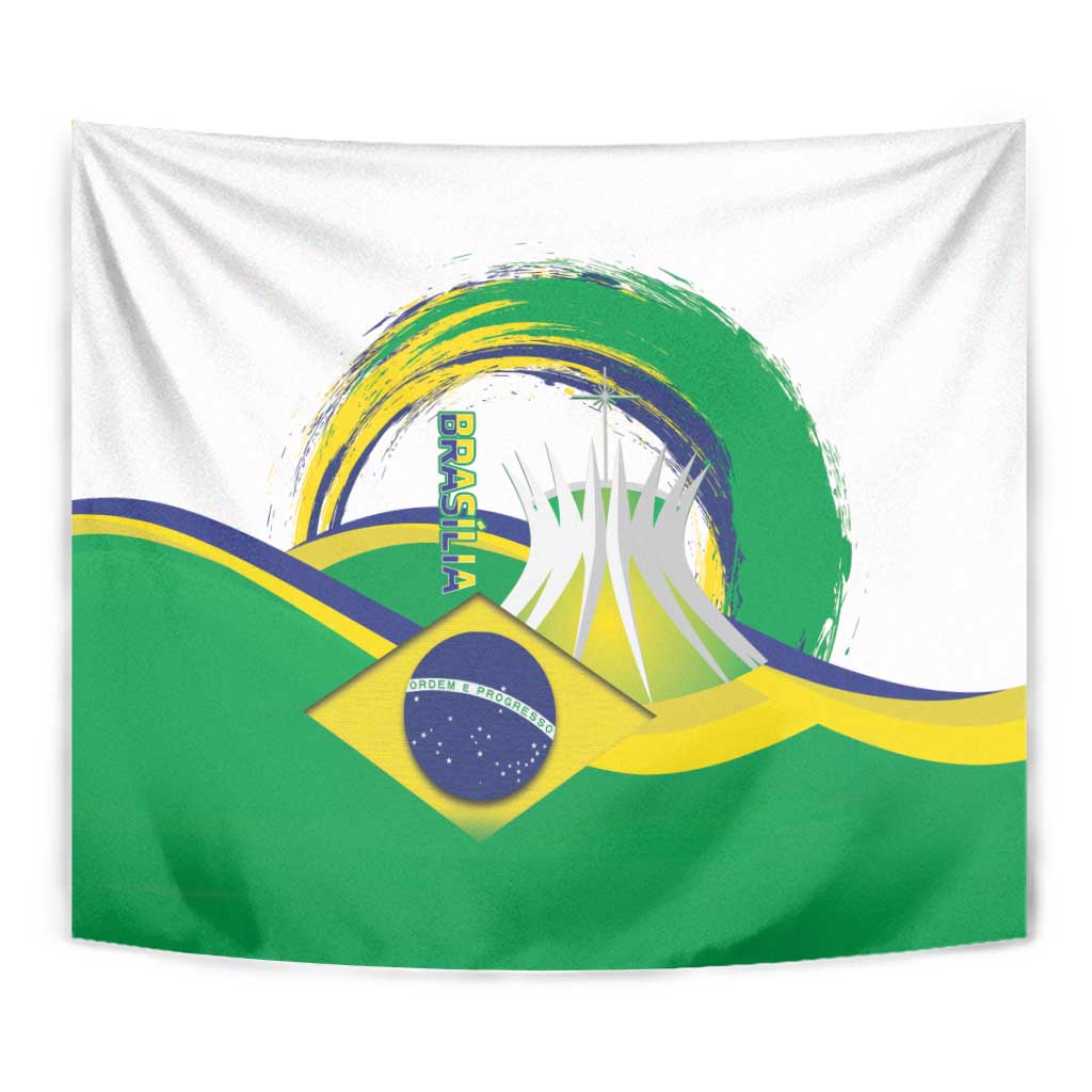 Brazil flag tapestry closeup with cathedral silhouette, green paint, yellow and blue colors