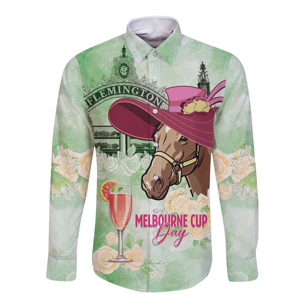 Australia Cup Melbourne Horse Racing Long Sleeve Button Shirt Hats Heels & Horseshoes Yellow Roses - Wonder Print Shop