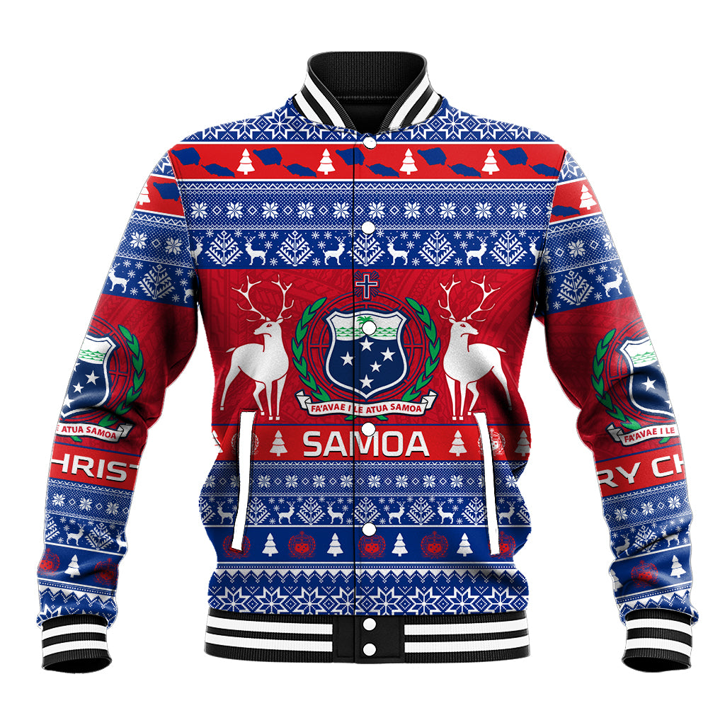 Blue baseball jacket with red and white holiday pattern, ribbed cuffs and collar