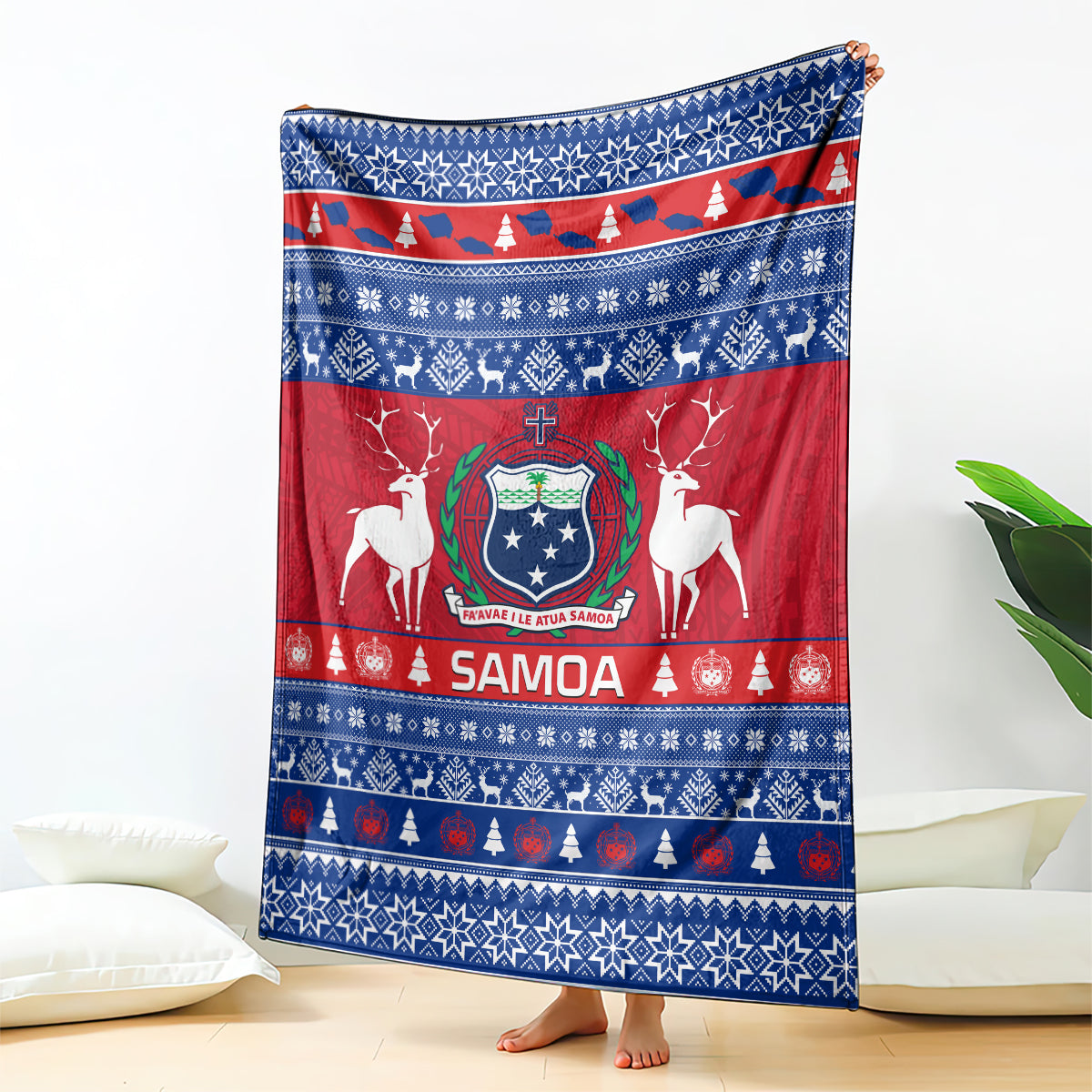 Samoa Christmas blanket with blue top and red center, coat of arms, reindeer and trees