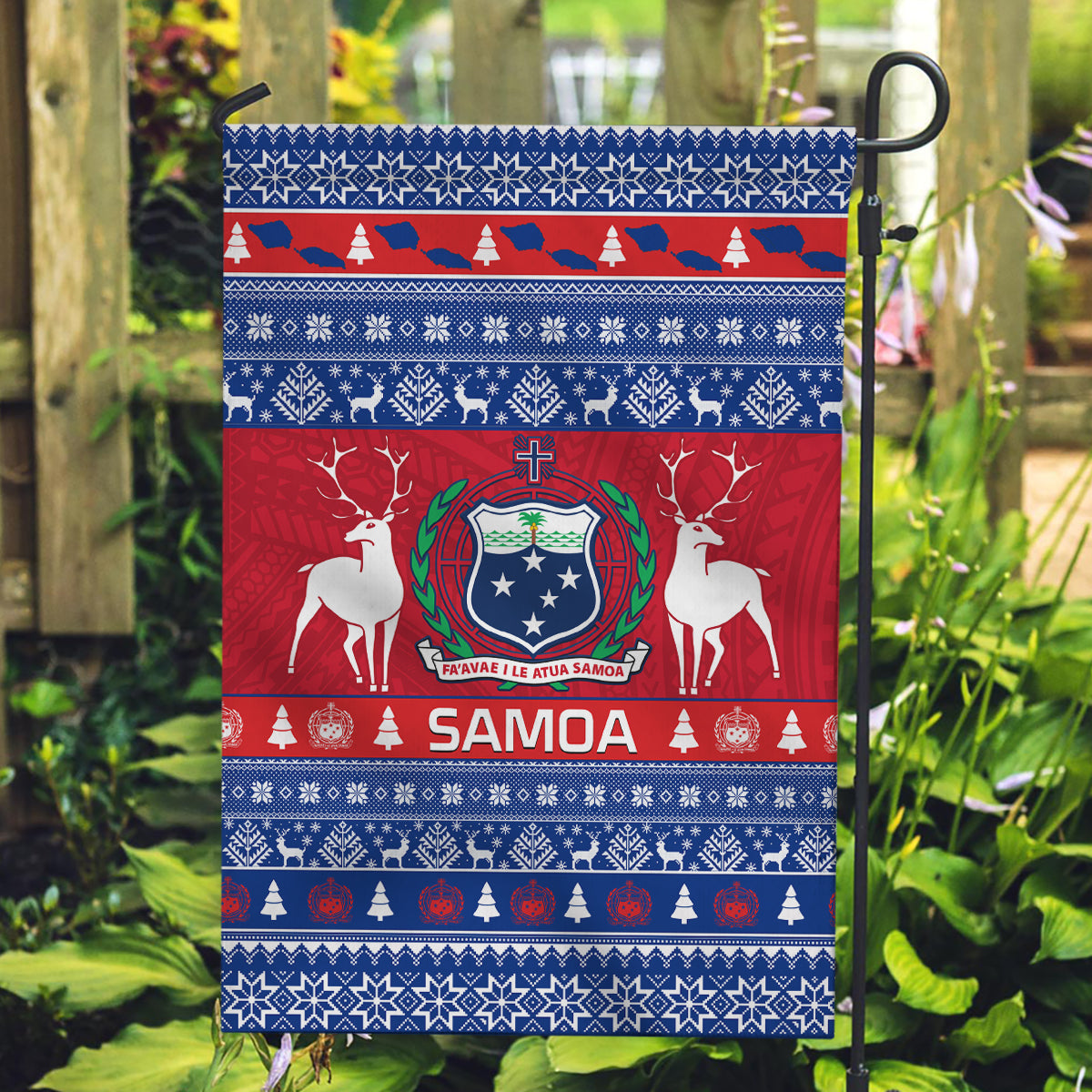 Personalised Samoa Christmas Garden Flag Samoan Coat Of Arms Manuia Le Kirisimas - Wonder Print Shop