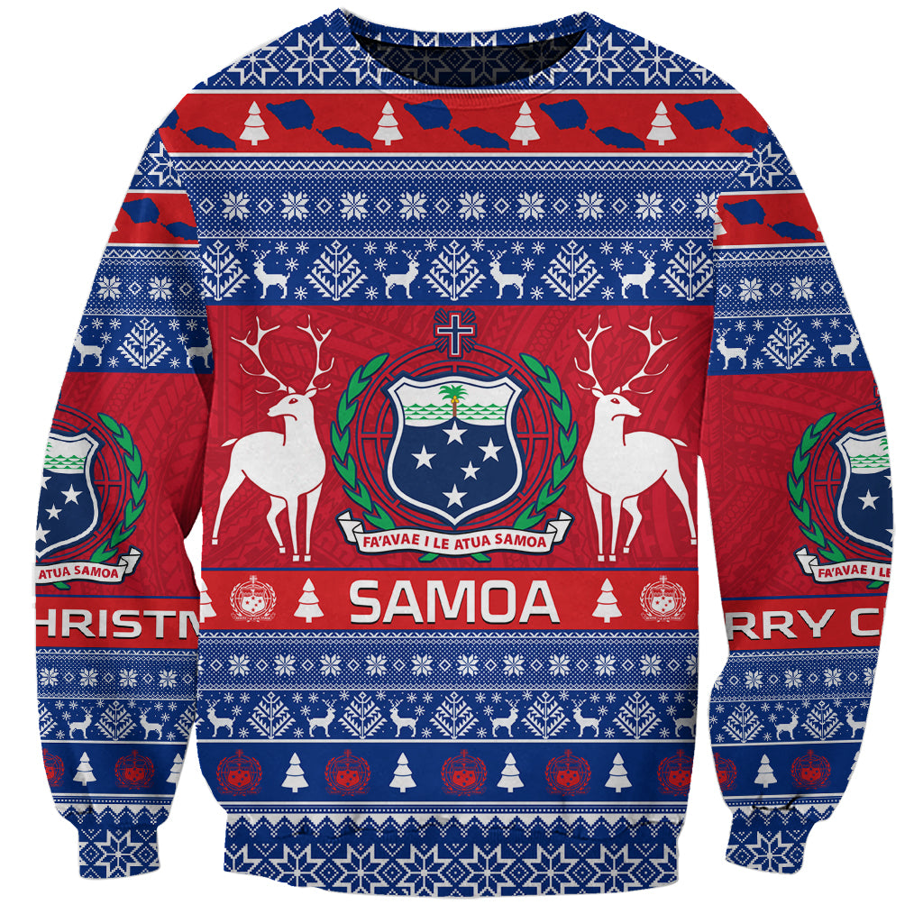 Blue unisex Christmas sweatshirt with red and white festive Samoa coat of arms design