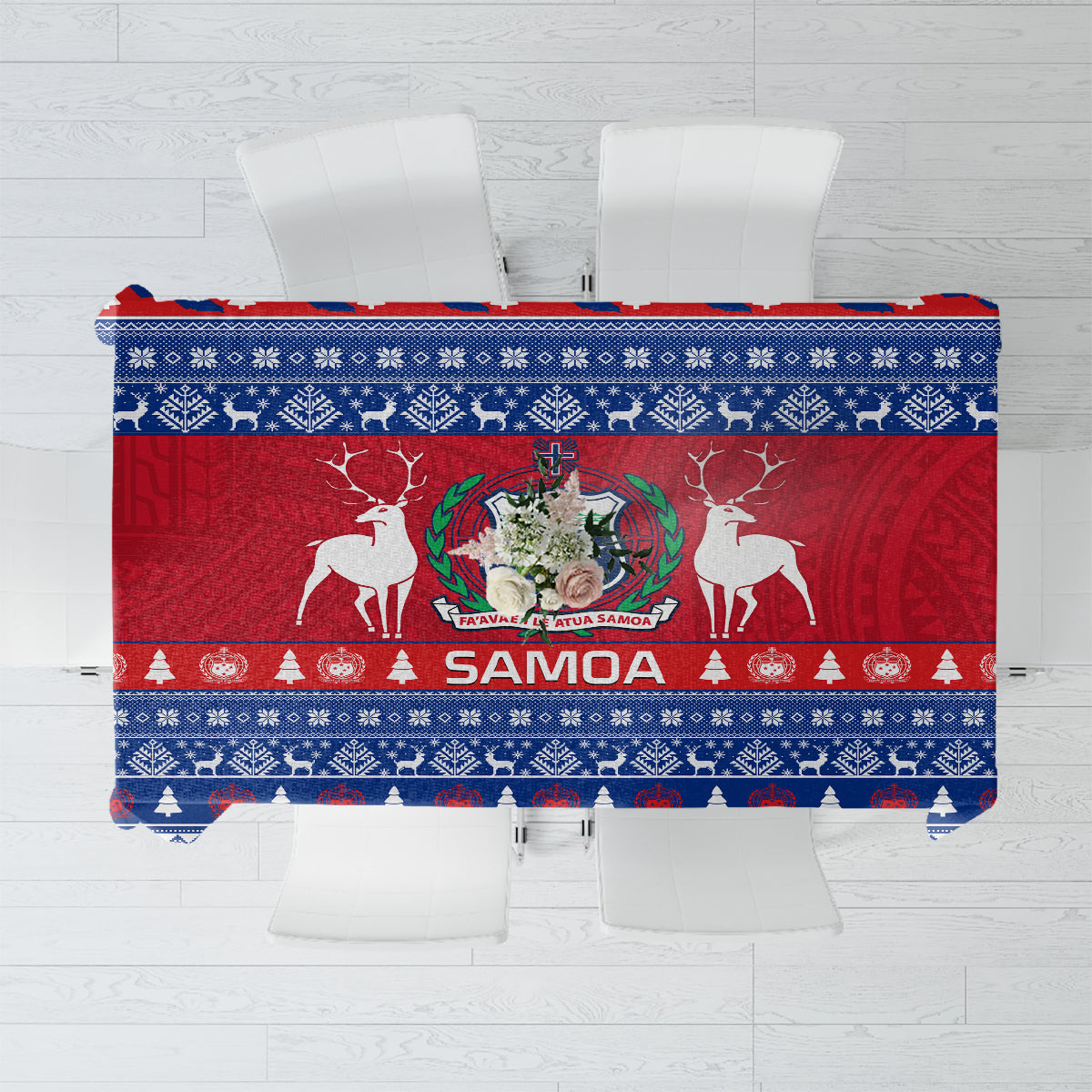 Blue red Christmas tablecloth with Samoa crest, reindeer, and geometric border