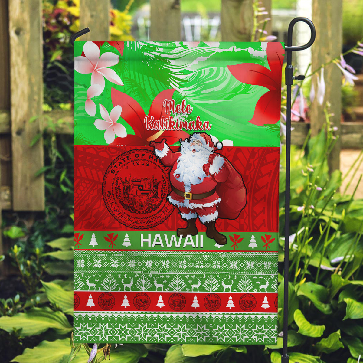 Personalised Hawaii Christmas Garden Flag Mele Kalikimaka Hawaiian Santa Tropical Vibes - Wonder Print Shop