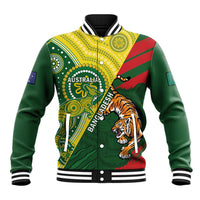 Green unisex varsity baseball jacket with tiger graphic, striped ribbed collar and cuffs