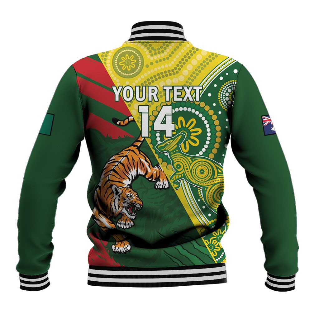 Green unisex varsity jacket back with tiger art, 'YOUR TEXT' and 'T14', striped ribbing