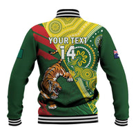 Green unisex varsity jacket back with tiger art, 'YOUR TEXT' and 'T14', striped ribbing