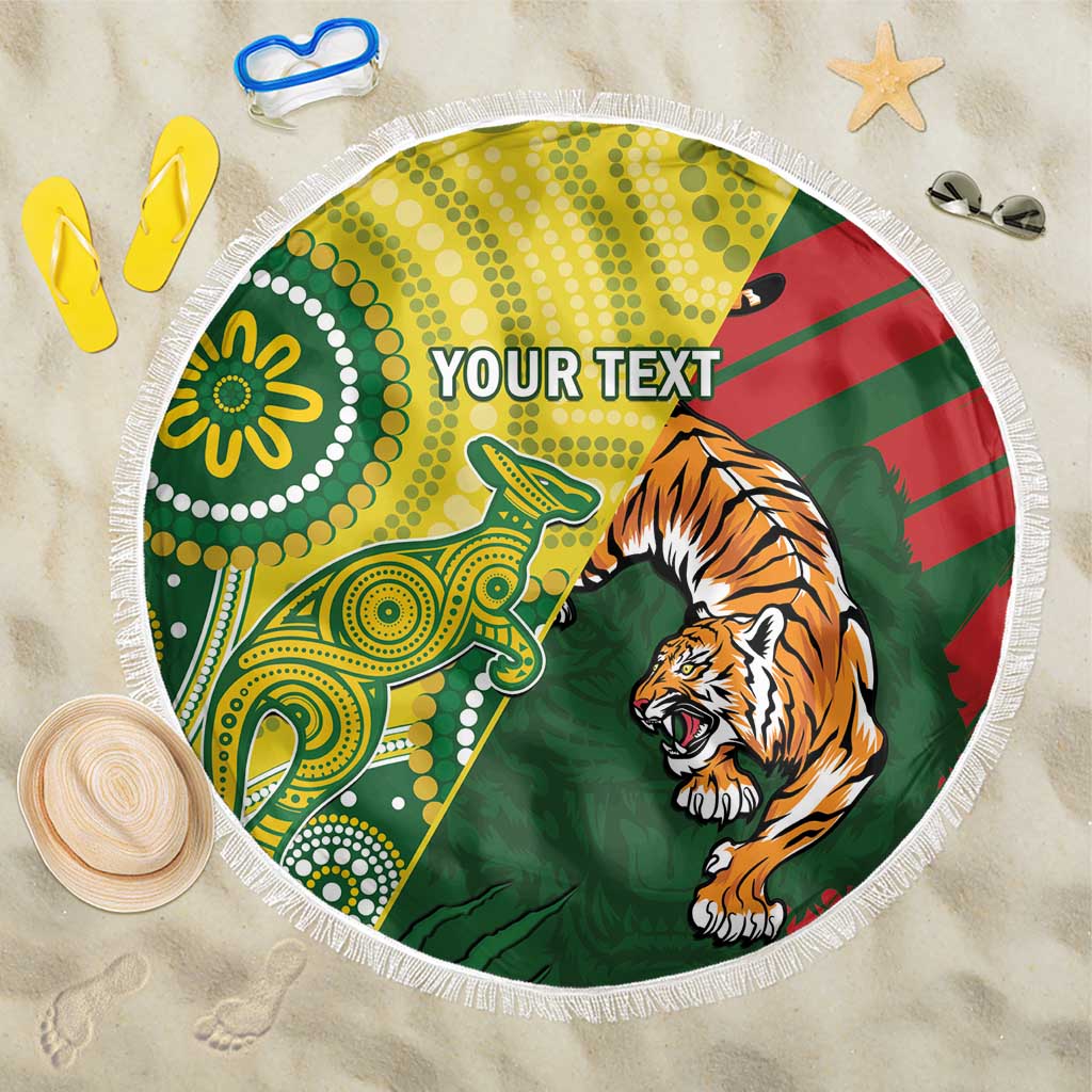 Round green beach blanket with white fringe, tiger graphic and placeholder text
