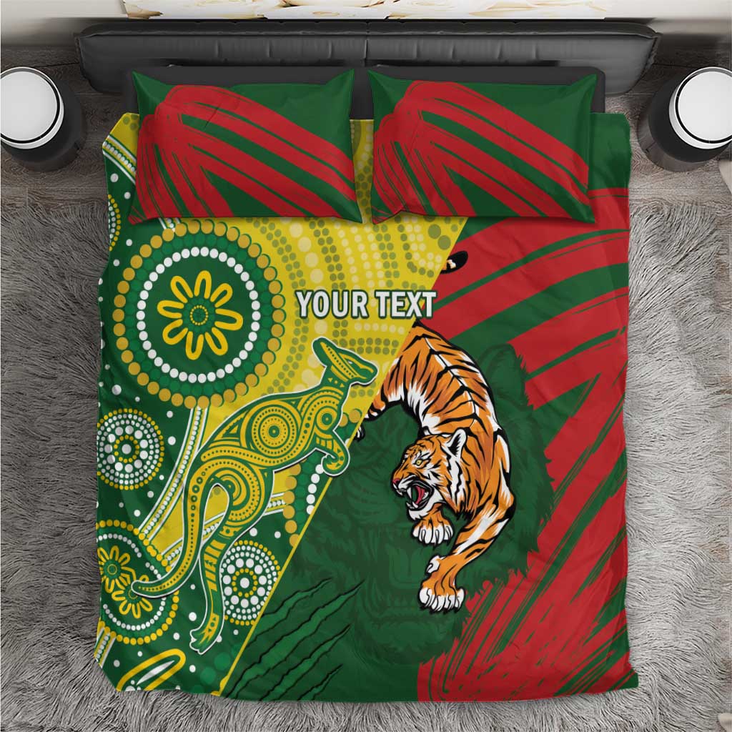 Green cricket-themed bedding set with red stripes, tiger print, and decorative dot graphics
