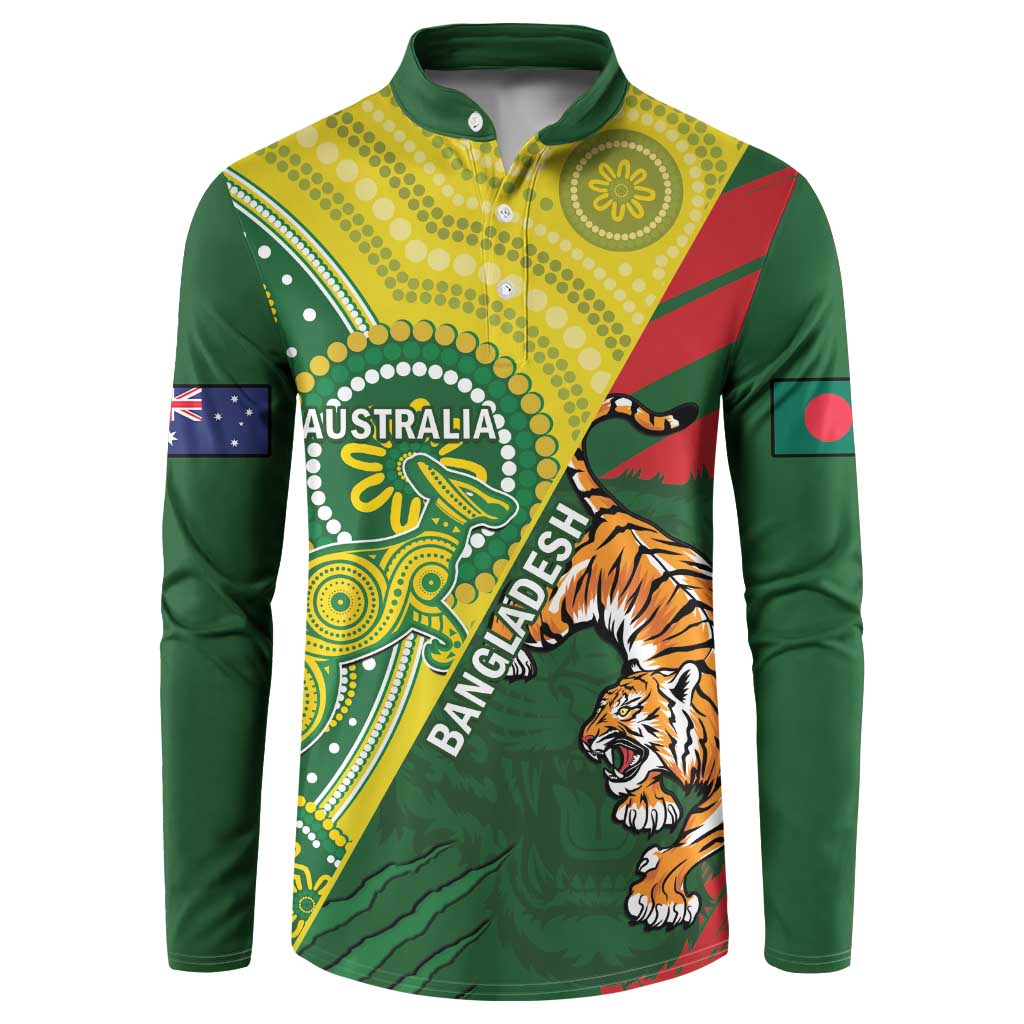 Green button-up sweatshirt with Australia and tiger print, long sleeves, crew collar